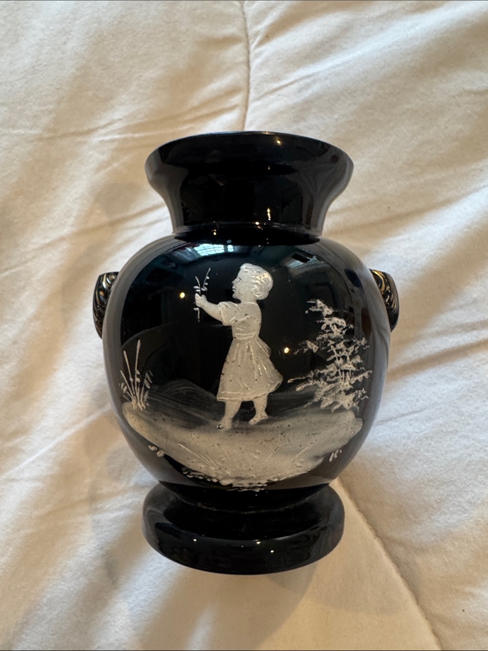Westmoreland Mary Gregory 1970’s black vase with a hand painted girl in white
